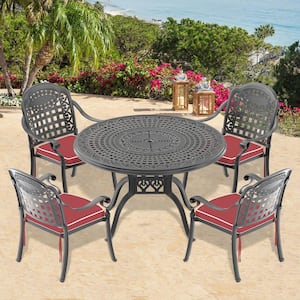 Isabella 5-Piece Cast Aluminum Outdoor Dining Set with 47.24 in. Round Table and Random Color Cushions