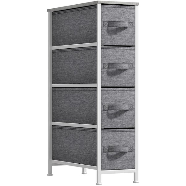 Sorbus Gray 4-Drawers 16.5 in. Chest of Drawers, Tall Narrow Dresser with Steel Frame, Wood Top, and Easy Pull Fabric Bins