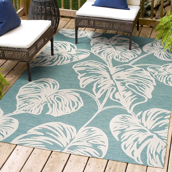 JONATHAN Y Tobago Approximate Rug Size Blue/Ivory 4 ft. x 6 ft. High-Low 2-Tone Monstera Leaf Indoor/Outdoor Area Rug