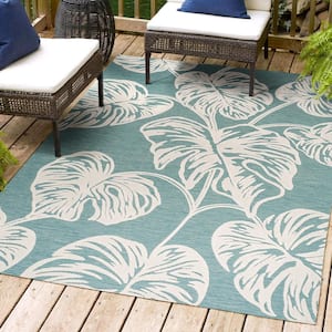 Tobago Blue/Ivory 8 ft. x 10 ft. High-Low 2-Tone Monstera Leaf Indoor/Outdoor Area Rug