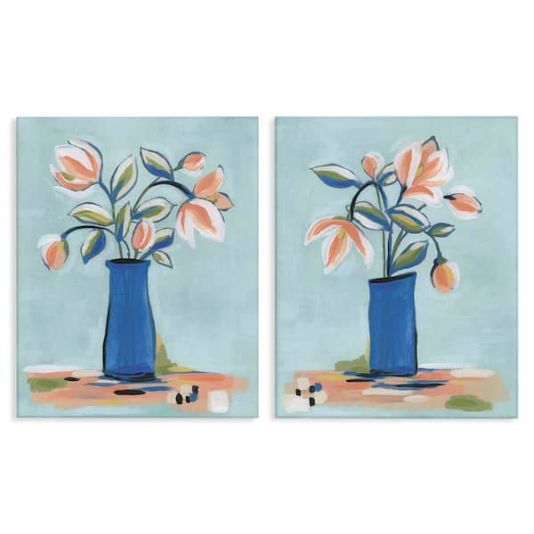 Stupell Industries Blue and Peach Flowers by June Erica Vess 2 Pieces Unframed Nature Graphic Art Print 30 in. x 24 in.