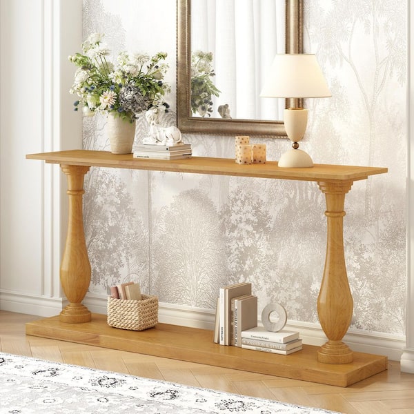 Harper & Bright Designs Vase-shaped Design 63 in. Natural Rectangle Pine Wood Veneer and MDF Console Table with Bottom Shelf