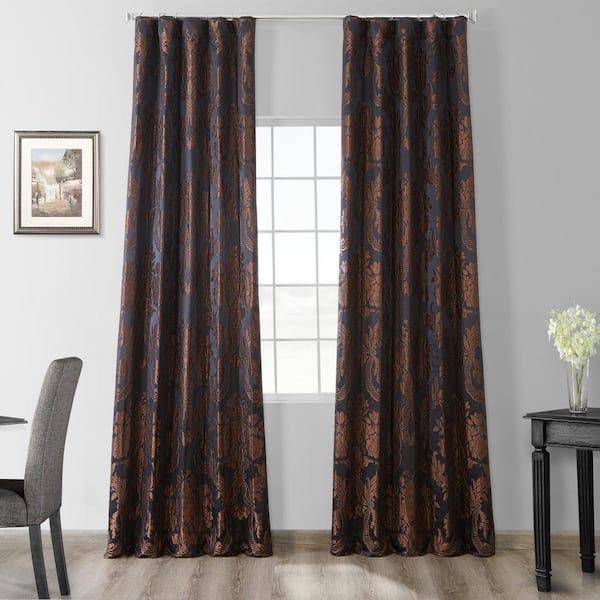Exclusive Fabrics & Furnishings Magdelena Black/Copper Jacquard Faux Silk Rod Pocket Room Darkening Curtain - 50 in. W x 120 in. L Single Window Panel