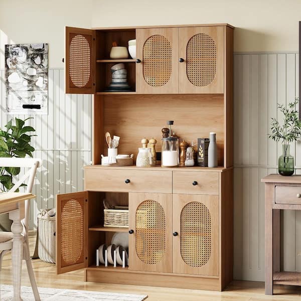 Natural Kitchen Pantry Cabinet with Charging Station 71 in. Tall Kitchen Buffet Cabinet