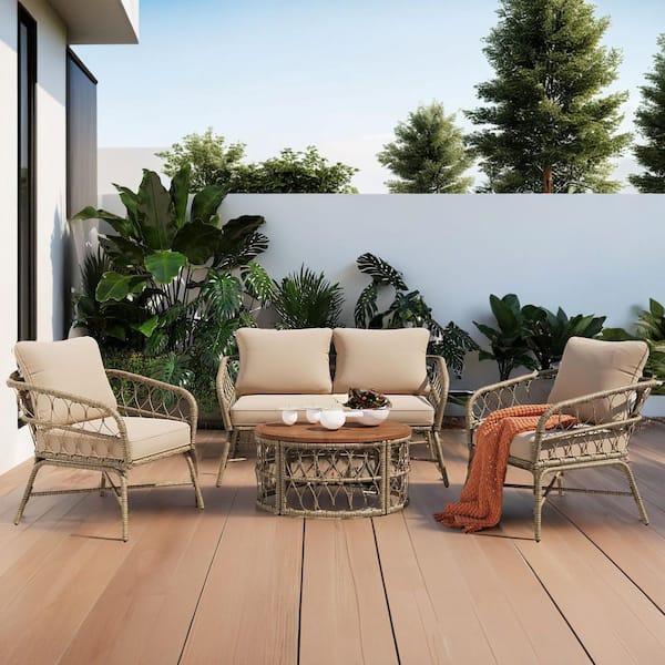 Light Brown Ergonomic Wicker Outdoor Lounge Chair with Light Brown Cushions and Solid Wood Table Top Coffee Table