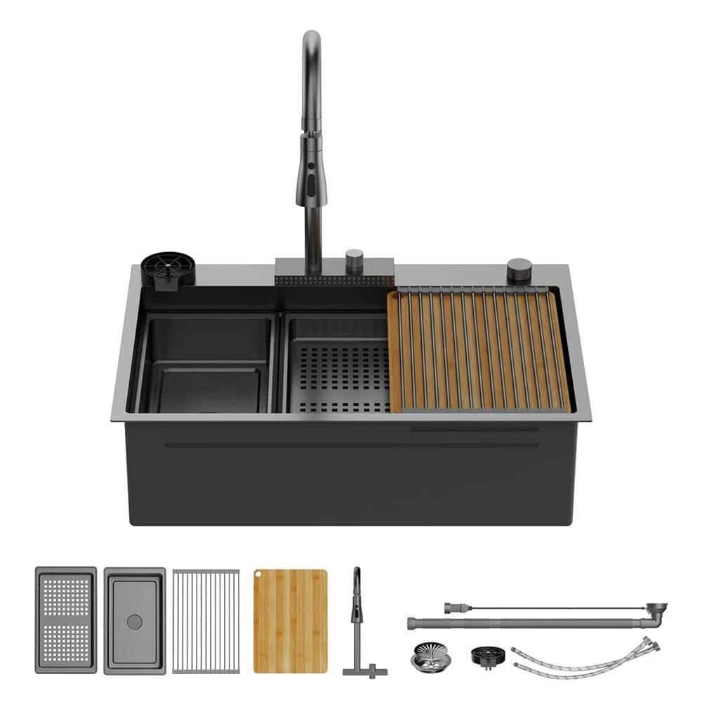 33 x 22 in. Drop-In Waterfall Kitchen Sink Laundry/Utility Sink in Black with Left Drain and Faucet
