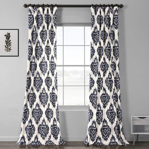 Exclusive Fabrics & Furnishings Ikat Blue Printed Room Darkening Curtain - 50 in. W x 108 in. L Rod Pocket with Back Tab Single Window Panel