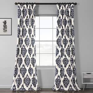 Ikat Blue Printed Room Darkening Curtain - 50 in. W x 120 in. L Rod Pocket with Back Tab Single Window Panel