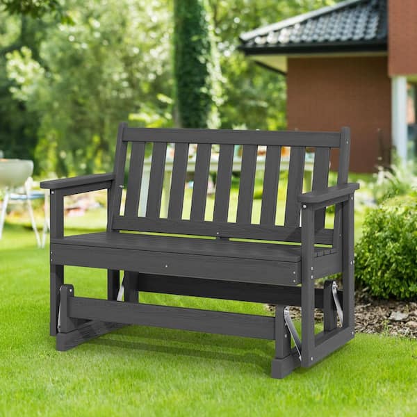 HDPE Gray Outdoor Bench 2-Person Glider Plastic Rocking Chair for Swings Outside Loveseat, Patio Glider for Garden Porch