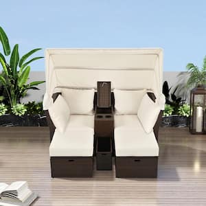 2 Seater Wicker Outdoor Patio Loveseat Set with Foldable Awning and Seat Cushions for Garden, Balcony, Poolside, Beige