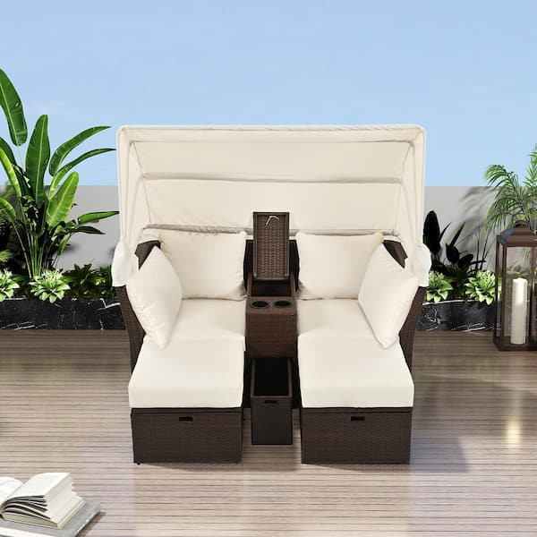 Unbranded 2 Seater Wicker Outdoor Patio Loveseat Set with Foldable Awning and Seat Cushions for Garden, Balcony, Poolside, Beige