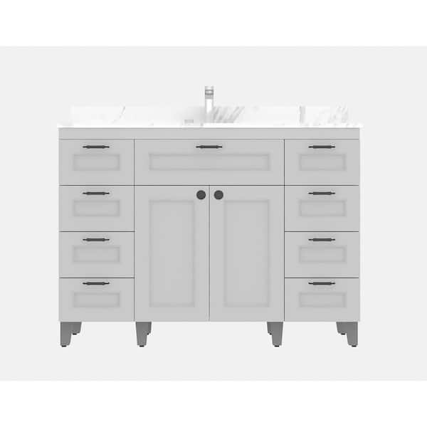 Winette 48 in. W x 21 in. D x 35 in. H Metal Bathroom Vanity in Gray with Carrera Engineered Marble Vanity Top with White Bowl