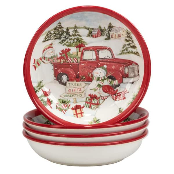 Certified International Red Truck Snowman 38 fl.oz. Multi-Colored Earthenware Soup Bowls Set of 4