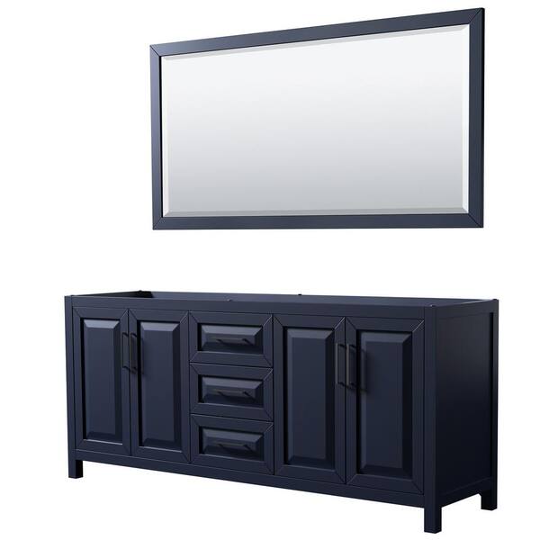 Wyndham Collection Daria 78.75 in. W x 21.5 in. D x 35 in. H Double Bath Vanity Cabinet without Top in Dark Blue with 70 in. Mirror