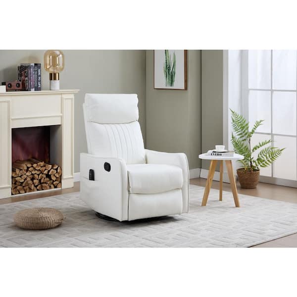 Cecil Modern White Upholstered Faux Leather Swivel Rocker Recliner Chair with Lumbar Heat and Massage