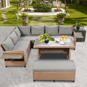 Brown 5-Piece PE Rattan Wicker Outdoor Sectional Set with Gray Cushions and Dining Table