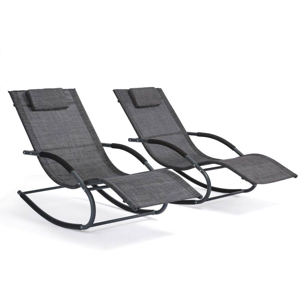 Dark Gray Steel Frame Outdoor Chaise Lounge with Cushions, Set of 2