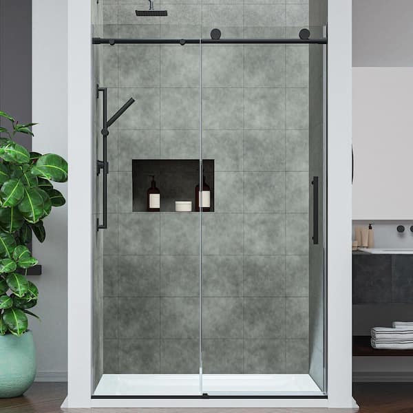 Mountain 48 in. Reversible Frameless Sliding Glass Shower Door with Soft-Close System and Matte Black Finish