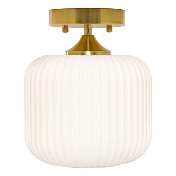 Vanna 8 in. Gold-Tone Metal Semi-Flush Mount with Frosted White Globe Shade