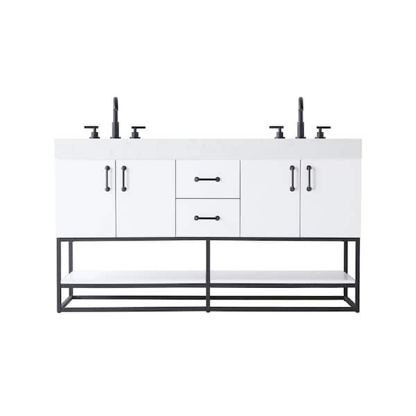 60 in. Double Sink White Bath Vanity with White Engineered Marble Top