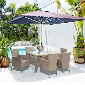 Farmhouse 7-Piece Wicker Outdoor Dining Set with Beige Cushion