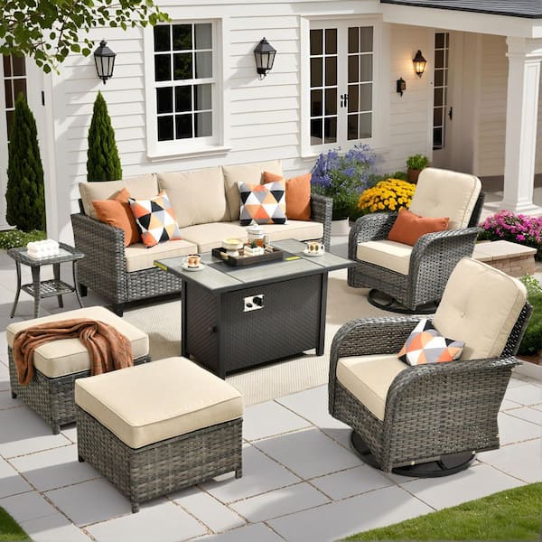 XIZZI Elvira 7-Piece Wicker Patio Rectangular Fire Pit Set with Beige Cushions and Swivel Rocking Chairs