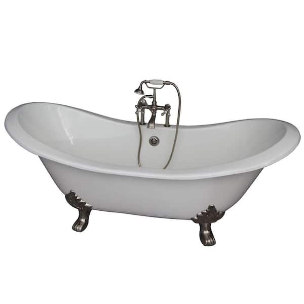 Barclay Products 5.9 ft. Cast Iron Lion Paw Feet Double Slipper Tub in White with Brushed Nickel Accessories