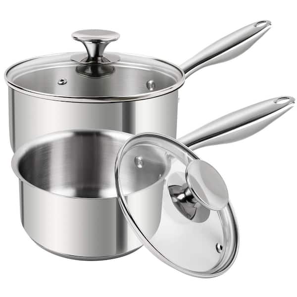 Stainless Steel Saucepan Set 1 qt. and 2 qt., 18/10 Steel with Aluminum Core, Glass Lid and Cool Grip Handle