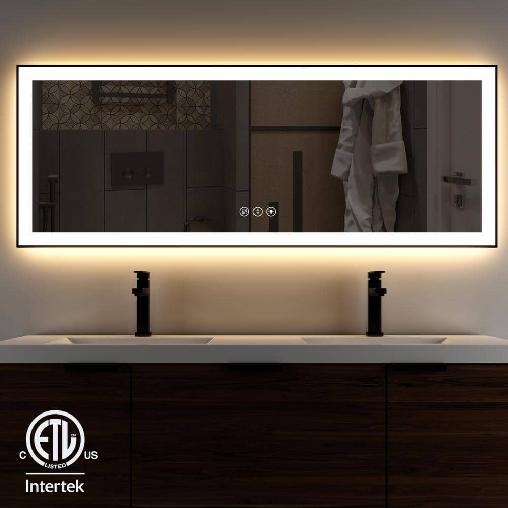 waterpar 84 in. W x 32 in. H Rectangular Framed Anti-Fog LED Wall Bathroom Vanity Mirror in Black with Backlit and Front Light, Classic -  WP014