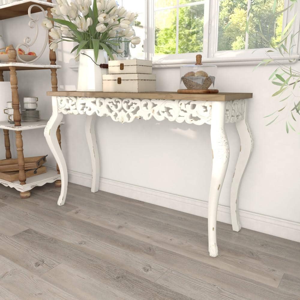 Elegant Farmhouse 46" White and Brown Wood Carved Console Table