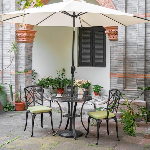 black and gold patio umbrella Nuu Garden Black with Gold-painted Edge Round Cast Aluminum Outdoor 31 in. Bistro Table with 2 in. Umbrella Hole