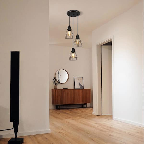 EDISHINE 60-Watt 3-Light Satin Black Cluster Integrated LED Pendant Light with Seeded Glass Shade