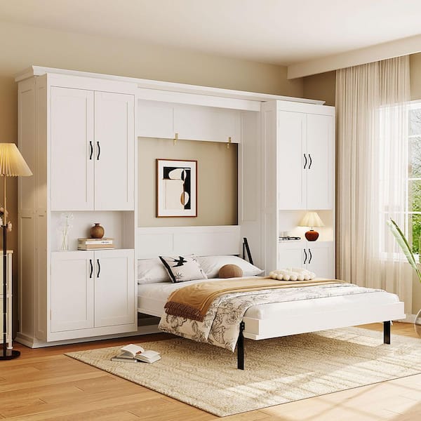 White Wood Frame Full Size Murphy Bed with Dual Sliding Storage Cabinets, Dual 6-Tier Side Shelves