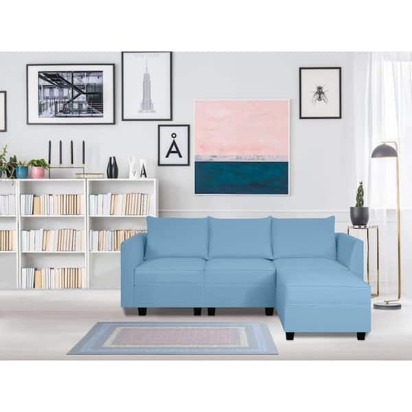 HOMESTOCK 87.01 in. Linen Modern Reversible L-Shaped Sectional Sofa Couch with Chaise in. Robin Egg Blue