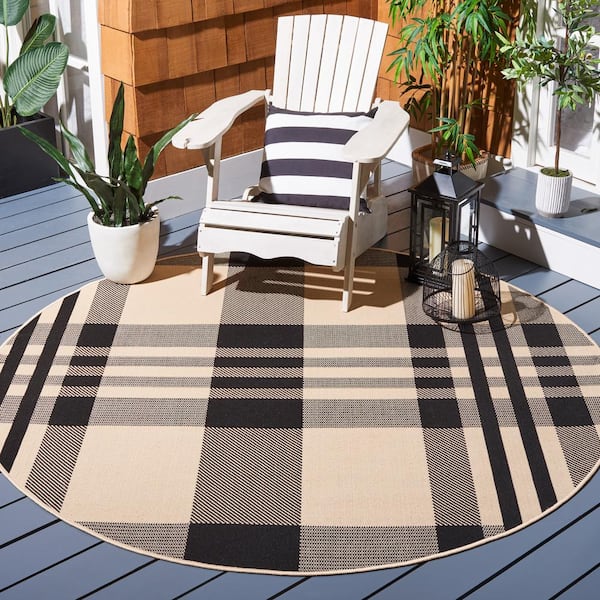 Courtyard Black/Bone 4 ft. x 4 ft. Round Plaid Indoor/Outdoor Area Rug
