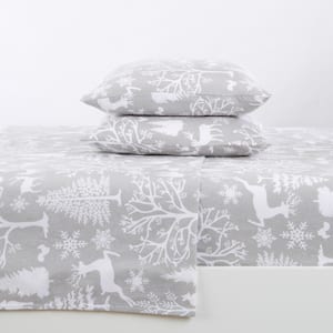 4-Piece Gray Printed 100% Turkish Cotton Queen Premium Flannel Sheet Set