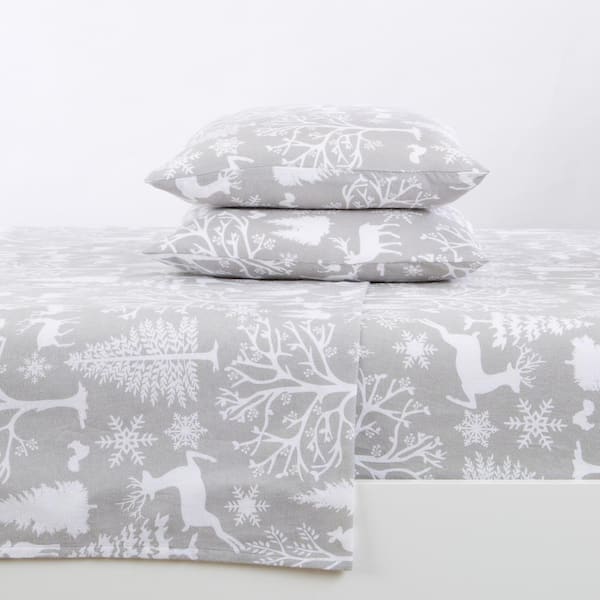 FRESHFOLDS 4-Piece Gray Printed 100% Turkish Cotton Queen Premium Flannel Sheet Set