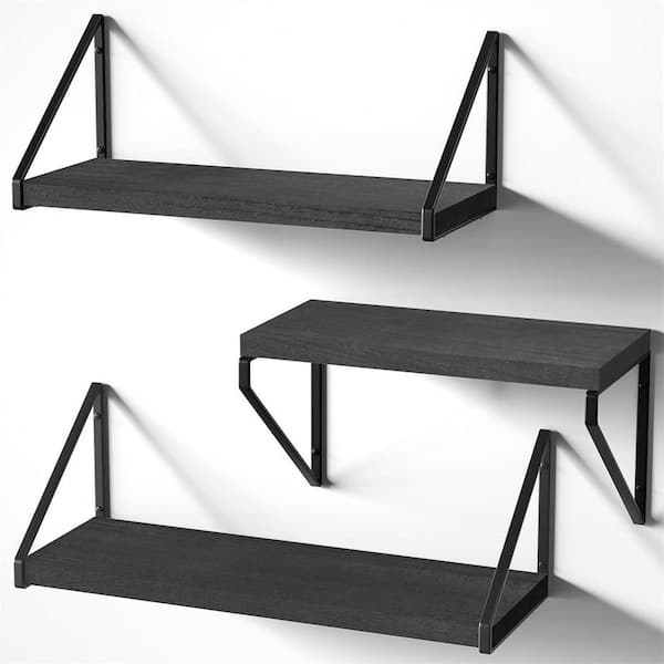 Cubilan 5.7 in. x 16.9 in. x 5.78 in. Black Wood Floating Decorative Wall Shelves with Metal Brackets (Set of 3)