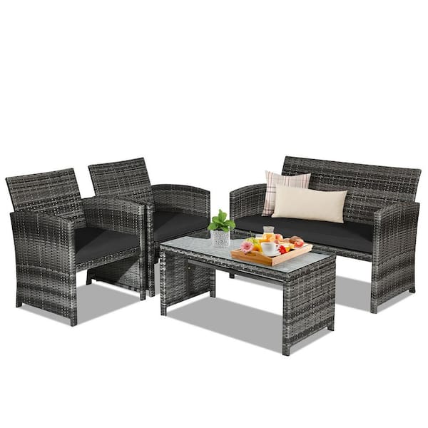 Gtnali 4-Pieces Patio Wicker Patio Conversation Set with Glass Table and Black Cushions