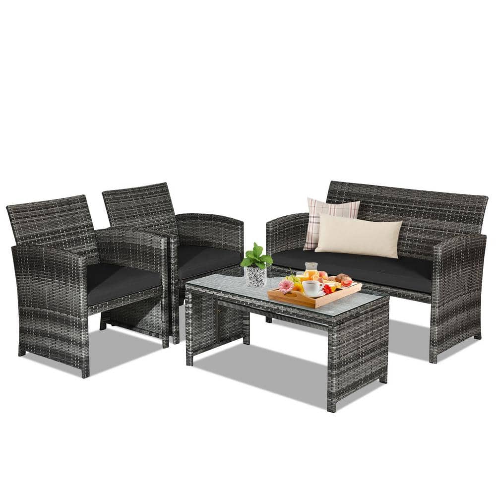 4-Pieces Patio Wicker Patio Conversation Set with Glass Table and Black Cus