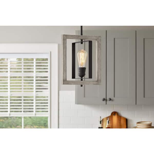 Home Decorators Collection Palermo Grove 1-Light Graphite Mini-Pendant, Rustic Farmhouse Rectangular Hanging Light with Bleached Oak Accents