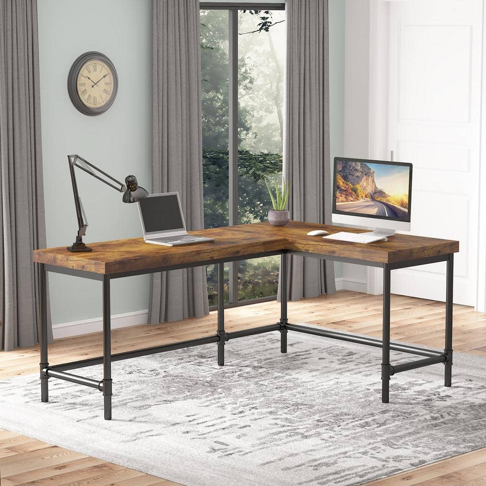 Rustic Brown L-Shaped Industrial Wood Corner Desk