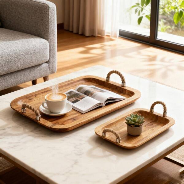 Wood Tray Set with Jute Handles-Brown Organic 2-Piece Mango Wood