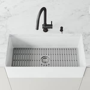 Matte Stone White Composite 36 in. Single Bowl Flat Farmhouse Apron-Front Kitchen Sink with Strainer and Silicone Grid