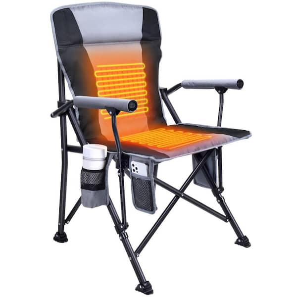Justincity Gray Heated Camping Chair with 3 Heat Levels, Fully Padded Heated Folding Chair Rich Pockets-Battery NOT Included