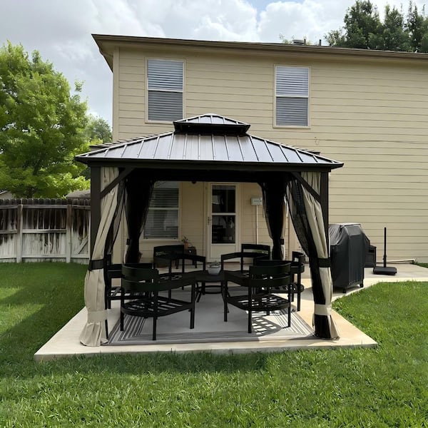 10 ft. x 10 ft. Bronze Aluminum Outdoor Hardtop Gazebo Metal Frame Galvanized Double Roof with Curtains and Nettings