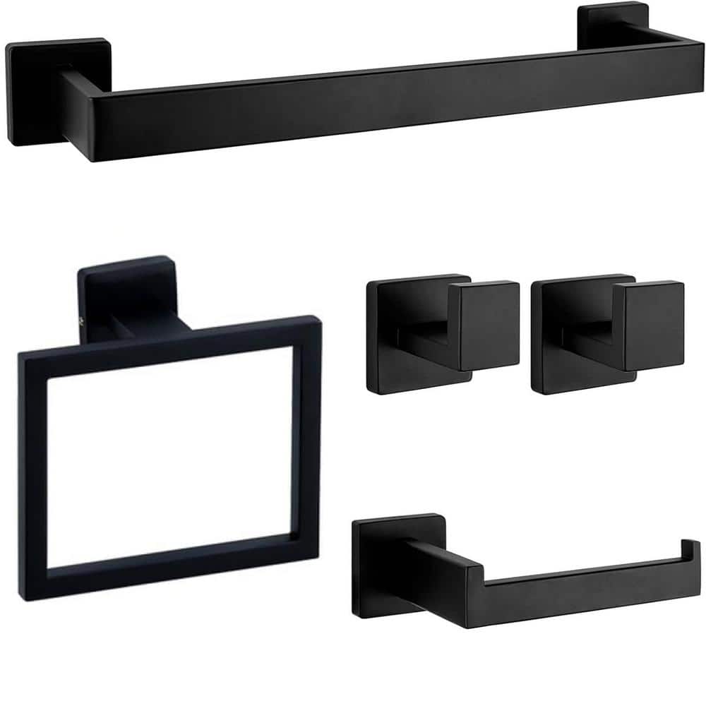 5-Pieces Stainless Steel Bath Hardware Set-16 in. Towel Bar, Ring, Hooks, T