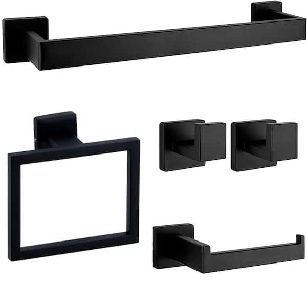 Unbranded 5-Pieces Stainless Steel Bath Hardware Set-16 in. Towel Bar, Ring, Hooks, Toilet Paper Holder in Matte Black