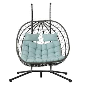 2-Person Metal Patio Swing Egg Chair with Stand, Light Green Cushion and Pillow