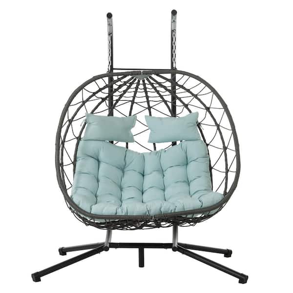Zeus & Ruta 2-Person Metal Patio Swing Egg Chair with Stand, Light Green Cushion and Pillow